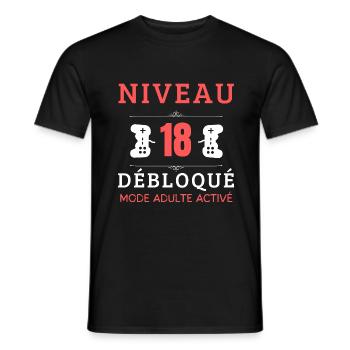 Anniversaire 18 ans mode adulte activé niveau 18 - T-shirt homme - noir - Devant - AI Model Male 178 light (178cm)