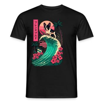 French Bulldog Dog Animal Japanese Surfing Flower - Men's T-Shirt - black - Front - AI Model Male 178 light (178cm)