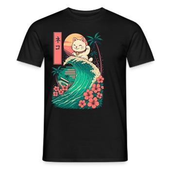 Cat Katze Animal Japanese Surfing Flower Sunset - Men's T-Shirt - black - Front - AI Model Male 178 light (178cm)