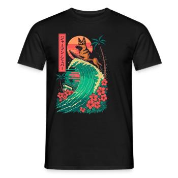 German Shepherd Dog Animal Japanese Surfing Flower - Men's T-Shirt - black - Front - AI Model Male 178 light (178cm)