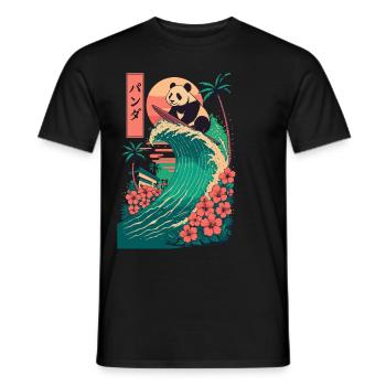 Panda Ours Animal Japonais Surf Fleur Coucher de soleil - T-shirt homme - noir - Devant - AI Model Male 178 light (178cm)