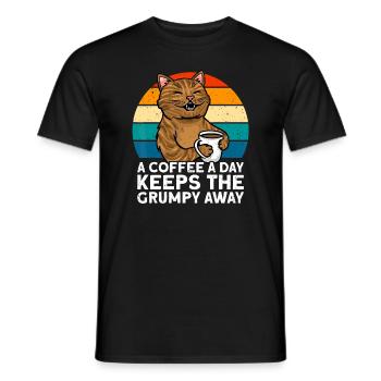 Funny Coffee Tshirt, Coffee Lover Shirt, Cute Cat - Men's T-Shirt - black - Front - AI Model Male 178 light (178cm)