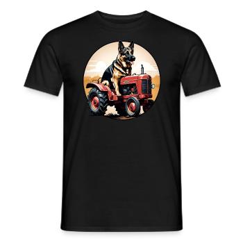 German Shepherd Dog Driving a Vintage Farm Tractor - Men's T-Shirt - black - Front - AI Model Male 178 light (178cm)