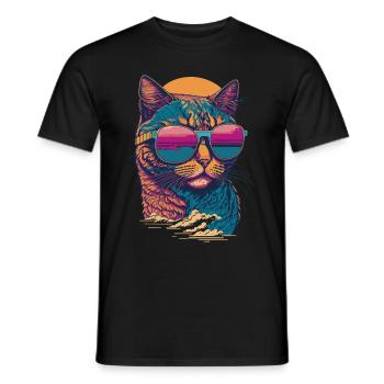 Katze und Sonnenbrrille Retro Sommer Illustration - Männer T-Shirt - Schwarz - Vorne - AI Model Male 178 light (178cm)
