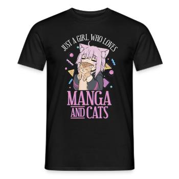 Manga Anime Kawaii Otaku Girl who loves Cats Japan - Men's T-Shirt - black - Front - AI Model Male 178 light (178cm)