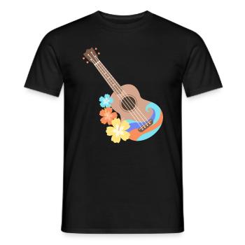 Brown wave pattern ukulele with Hibiscus flowers - Men's T-Shirt - black - Front - AI Model Male 178 light (178cm)
