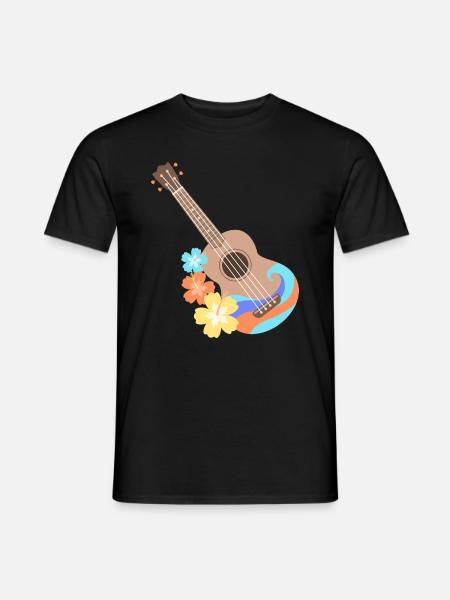 Brown-Wellenmusterukulele mit Hibiscusblumen - Männer T-Shirt - Schwarz