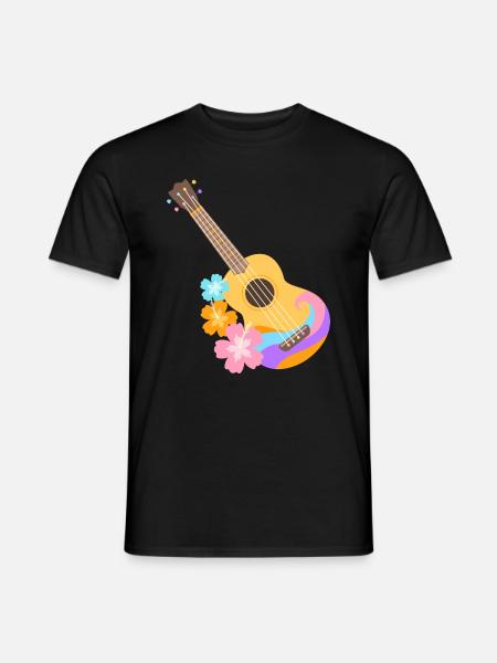 Fargerikt Ukulele Wave mønster med Hibiscus blomster - T-skjorte herre - svart