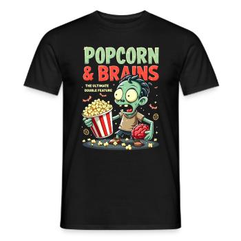 Fun "Popcorn & Brains" design for zombie fans - Men's T-Shirt - black - Front - AI Model Male 178 light (178cm)