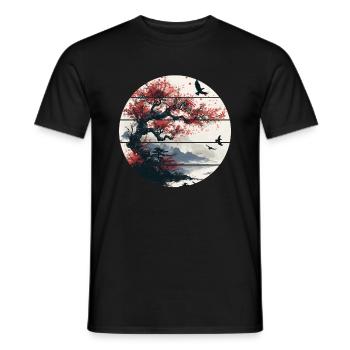 Japan Landscape Red Moon Birds Aesthetic Bonsai - Men's T-Shirt - black - Front - AI Model Male 178 light (178cm)
