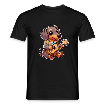 Teckel mignon jouant de la guitare - T-shirt homme - noir - Devant - AI Model Male 178 light (178cm)
