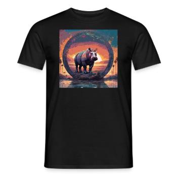 Hippopotamus,Painting,Sunset,Circle,Landscape - Men's T-Shirt - black - Front - AI Model Male 178 light (178cm)