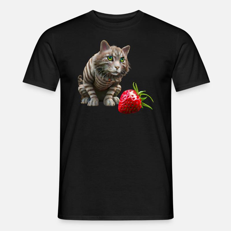 Katze vor riesiger Erdbeere - Männer T-Shirt - Schwarz
