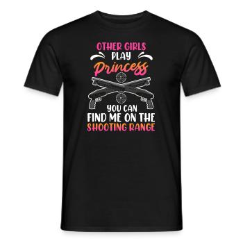 You can find me on the women's shooting range - Men's T-Shirt - black - Front - AI Model Male 178 light (178cm)