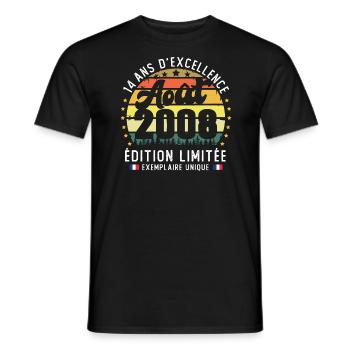 14 Ans Anniversaire Vintage Né en Août 2008 - T-shirt homme - noir - Devant - AI Model Male 178 light (178cm)