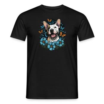 Cheerful Bull Terrier with flowers and butterfly - Men's T-Shirt - black - Front - AI Model Male 178 light (178cm)