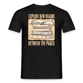 Explore new realms between the pages - Bücher Buch - Männer T-Shirt - Schwarz - Vorne - AI Model Male 178 light (178cm)