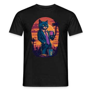 80's illustration of a cat with a coffee cup - Men's T-Shirt - black - Front - AI Model Male 178 light (178cm)
