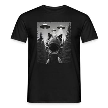 Funny T-Rex dinosaure UFO encounter selfie - Men's T-Shirt - black - Front - AI Model Male 178 light (178cm)