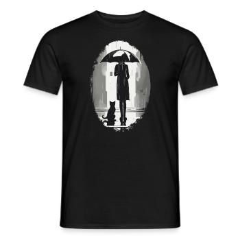 Femme et chat attendant sous un parapluie sous la pluie - T-shirt homme - noir - Devant - AI Model Male 178 light (178cm)