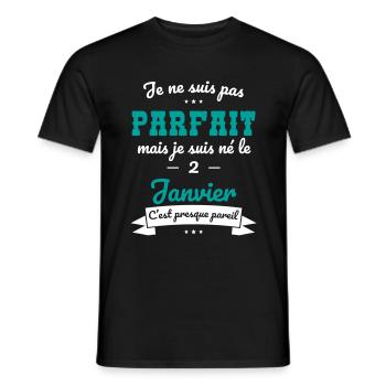 Anniversaire - Pas parfait mais né le 2 Janvier - T-shirt homme - noir - Devant - AI Model Male 178 light (178cm)