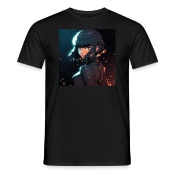 Kybernetische Enigma: Mysteriöse Frau im Anime-Stil - Männer T-Shirt - Schwarz - Vorne - AI Model Male 178 light (178cm)