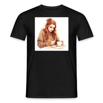 Kaffee-Serenade: Fesselnde Zeichnung einer Frau - Männer T-Shirt - Schwarz - Vorne - AI Model Male 178 light (178cm)