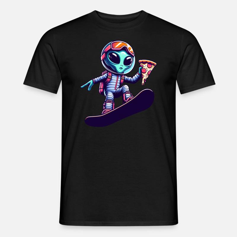 Alien Snowboard Pizza Spaß - Männer T-Shirt - Schwarz