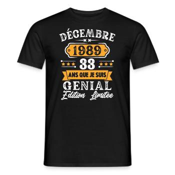 Cadeau D'anniversaire 33 Ans Décembre 1989 Rétro - T-shirt homme - noir - Devant - AI Model Male 178 light (178cm)