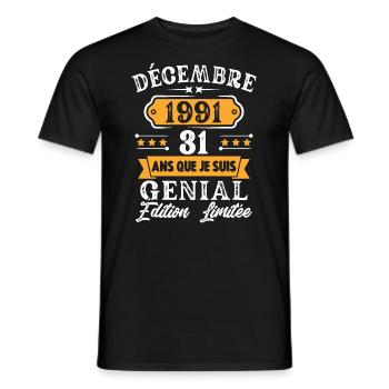 Cadeau D'anniversaire 31 Ans Décembre 1991 Rétro - T-shirt homme - noir - Devant - AI Model Male 178 light (178cm)