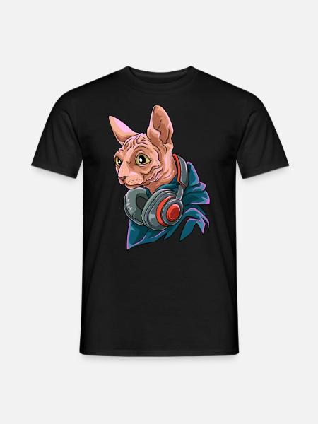 Coole Nacktkatze mit Kopfhörer - Männer T-Shirt - Schwarz