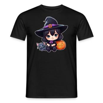 Cute witch with black cat and pumpkin - Men's T-Shirt - black - Front - AI Model Male 178 light (178cm)