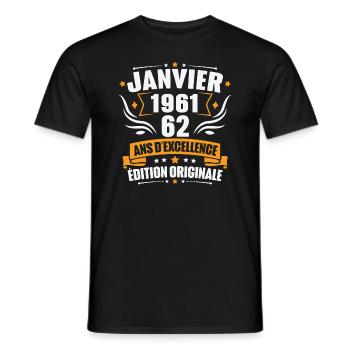 Vintage Cadeau Janvier 1961, 62 Ans Anniversaire - T-shirt homme - noir - Devant - AI Model Male 178 light (178cm)