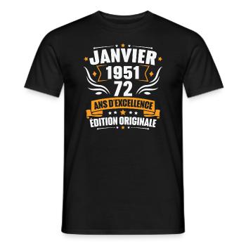 Vintage Cadeau Janvier 1951, 72 Ans Anniversaire - T-shirt homme - noir - Devant - AI Model Male 178 light (178cm)