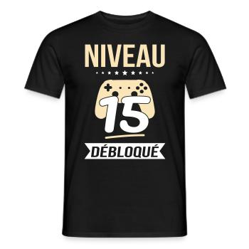 Anniversaire 15 ans - Niveau 15 débloqué - Gamer - T-shirt homme - noir - Devant - AI Model Male 178 light (178cm)
