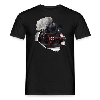Steam locomotive breaks through paper - Men's T-Shirt - black - Front - AI Model Male 178 light (178cm)