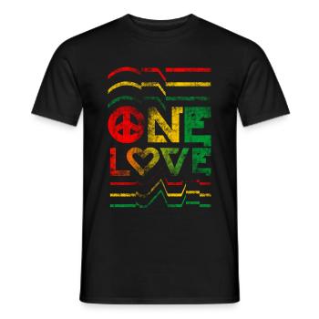 ein rotes gelbgrünes beunruhigtes T-Shirt des Liebesreggae - Männer T-Shirt - Schwarz - Vorne - AI Model Male 178 light (178cm)