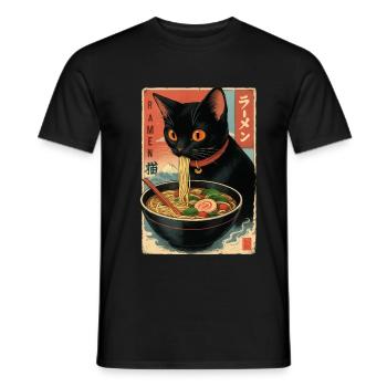 Chat d’Asie mangeant des ramen, illustration - T-shirt homme - noir - Devant - AI Model Male 178 light (178cm)