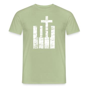Clavier et croix - Musicien chrétien - T-shirt homme - vert sauge - Devant - AI Model Male 178 light (178cm)