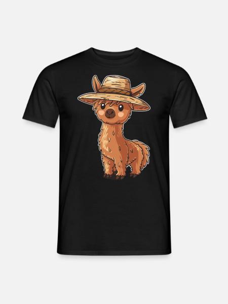 Niedliches Alpaka mit Strohhut Cartoon für - Männer T-Shirt - Schwarz