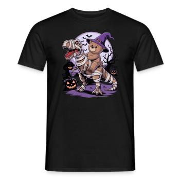 Teddy bear riding a dinosaur on Halloween - Men's T-Shirt - black - Front - AI Model Male 178 light (178cm)