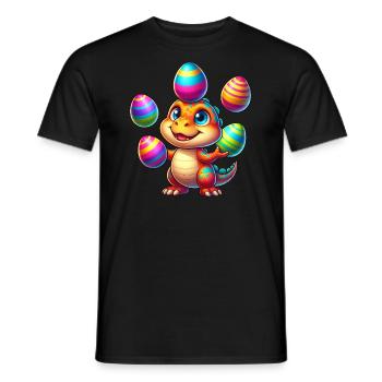 Easter Dino T-Rex juggles colorful Easter eggs - Men's T-Shirt - black - Front - AI Model Male 178 light (178cm)