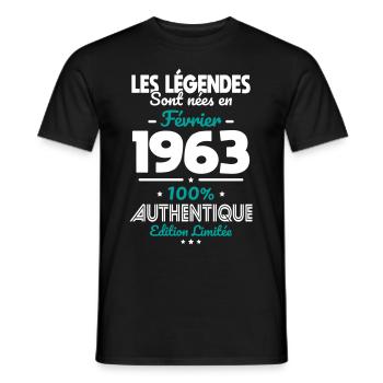 Anniversaire 60 ans - Légendes nées Février 1963 - T-shirt homme - noir - Devant - AI Model Male 178 light (178cm)