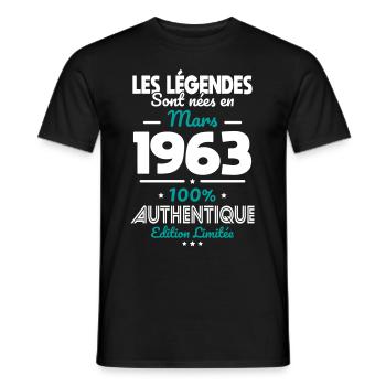 Anniversaire 60 ans - Légendes nées Mars 1963 - T-shirt homme - noir - Devant - AI Model Male 178 light (178cm)