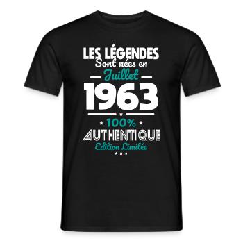 Anniversaire 60 ans - Légendes nées Juillet 1963 - T-shirt homme - noir - Devant - AI Model Male 178 light (178cm)