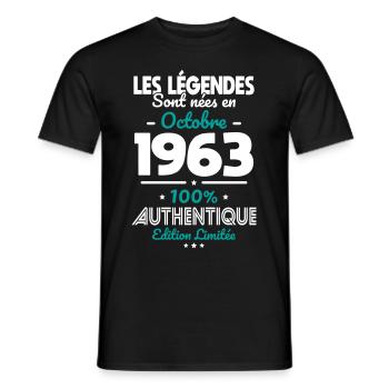 Anniversaire 60 ans - Légendes nées Octobre 1963 - T-shirt homme - noir - Devant - AI Model Male 178 light (178cm)