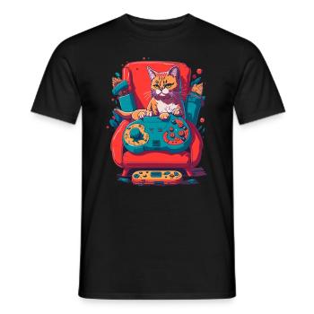 Illustartion d’un chat avec une manette de jeu sur le canapé - T-shirt homme - noir - Devant - AI Model Male 178 light (178cm)