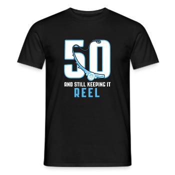 50 And Still Keeping It Reel Fischer Angler Shirt - Men's T-Shirt - black - Front - AI Model Male 178 light (178cm)