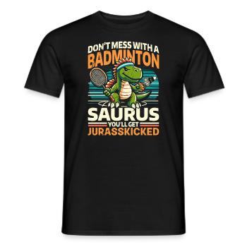 Lustiger Badminton Saurus – Kinder, Jugendliche - Männer T-Shirt - Schwarz - Vorne - AI Model Male 178 light (178cm)