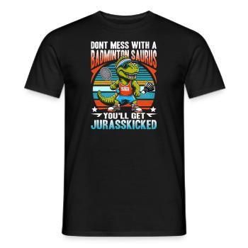 Lustiger Badminton Saurus – Kinder, Jugendliche - Männer T-Shirt - Schwarz - Vorne - AI Model Male 178 light (178cm)